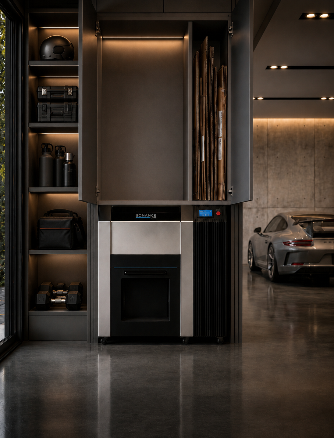 Cardboard Cruncher in an open storage shelf with modern home essentials
