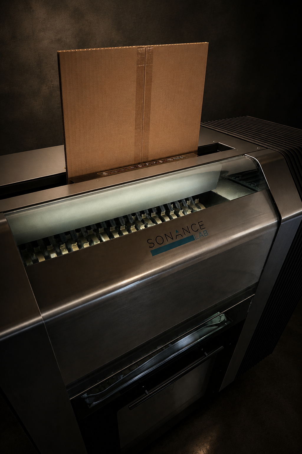 Cardboard Cruncher cabinet installed in a modern home, shredding cardboard for compost