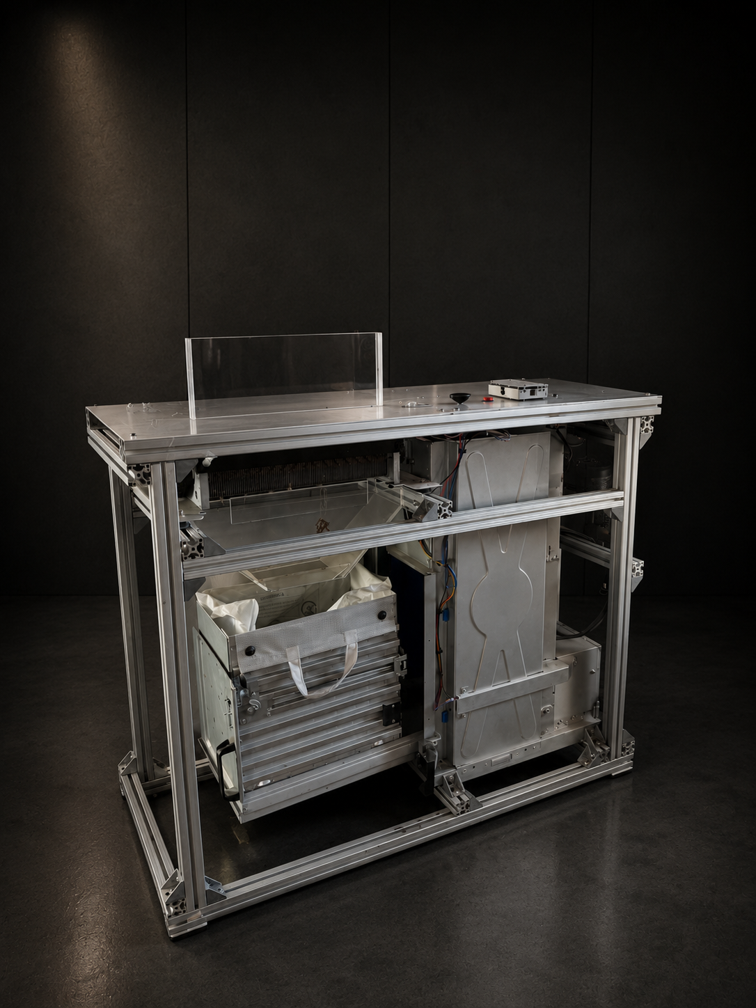 Second Cardboard Cruncher prototype, aluminum extrusion frame with modular internals