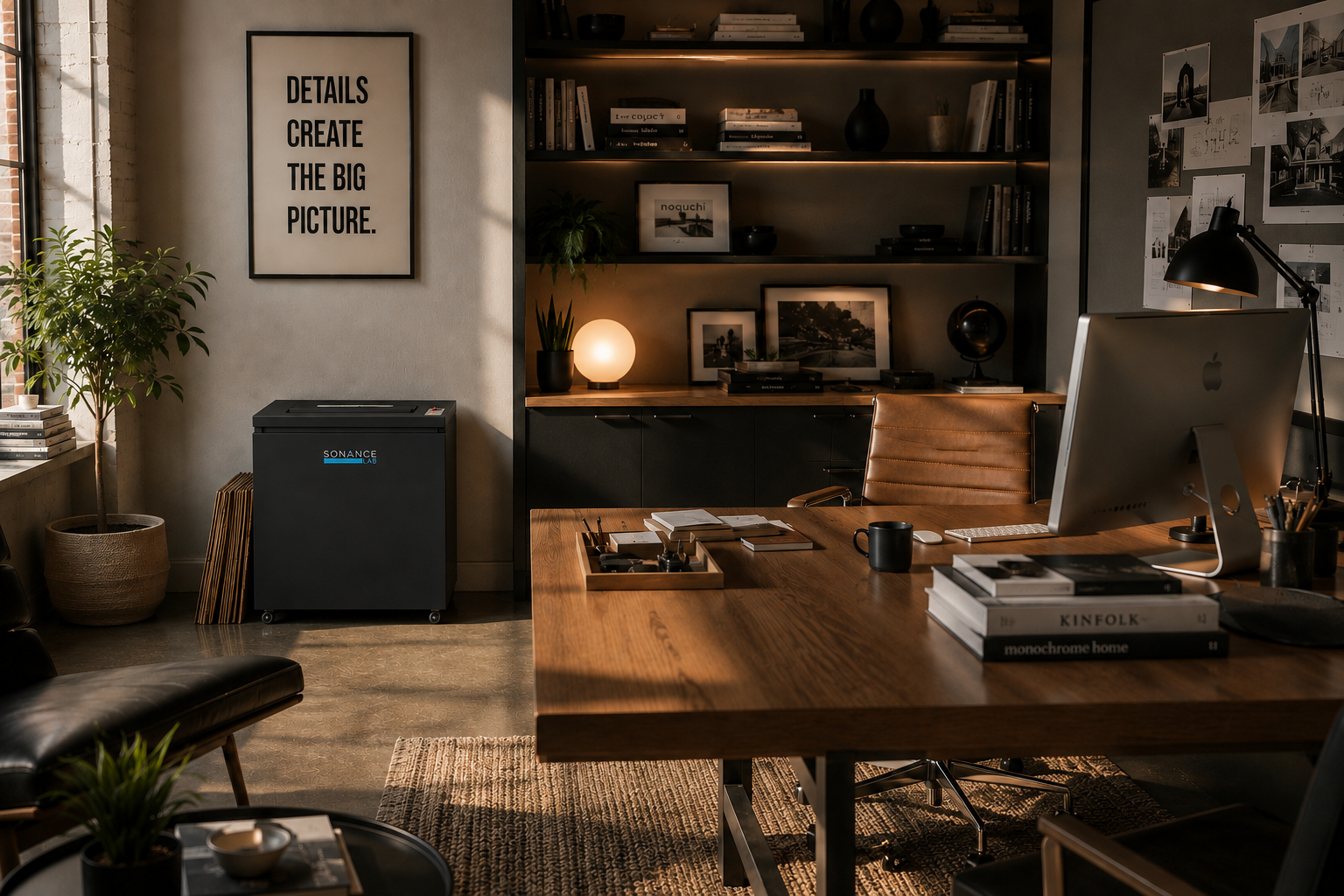 Cardboard Cruncher Mini in a warm office with desk and shelving
