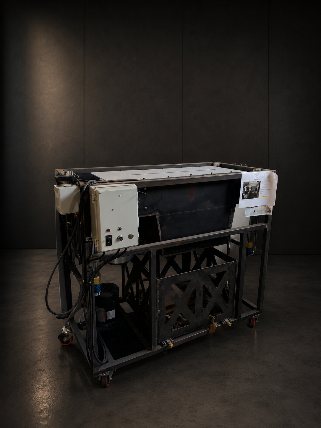 First Cardboard Cruncher prototype, welded steel frame with exposed mechanism